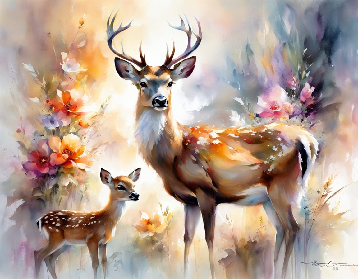 Deer and Fawn in Watercolor Splash Art Style