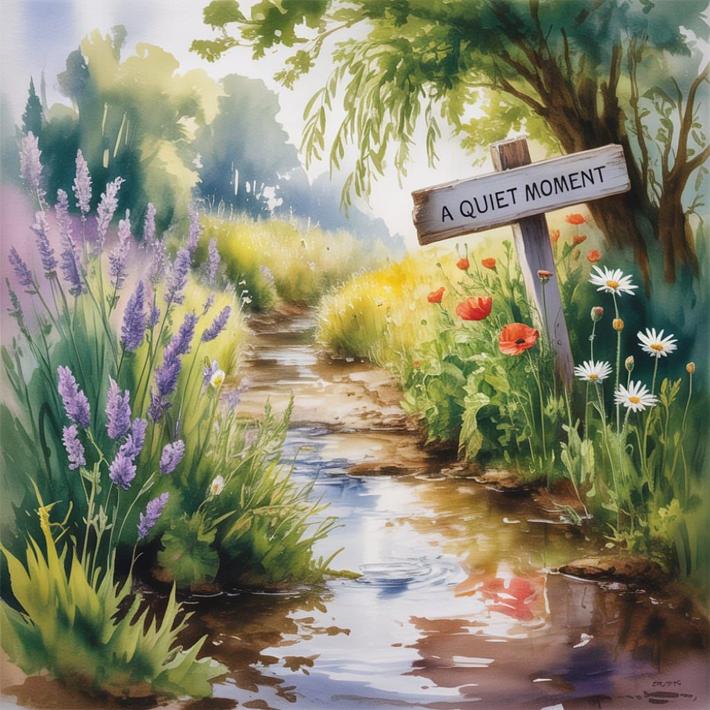 Romantic Watercolor Stream with Wildflowers in Bloom