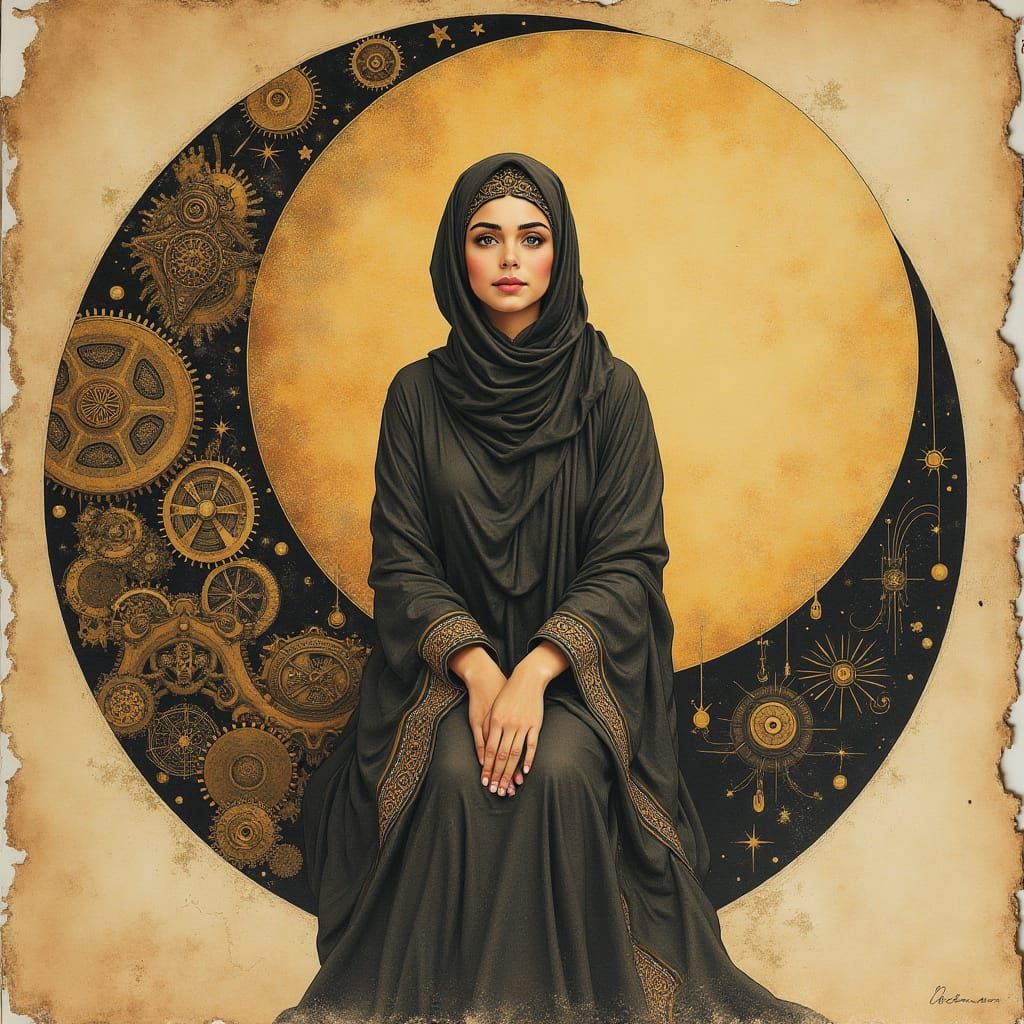 Palestinian Woman in Steampunk-Inspired Parchment Art