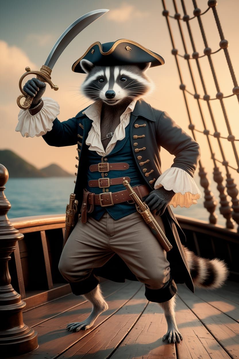 Steampunk Pirate Raccoon on Deck, in Rockwell Style
