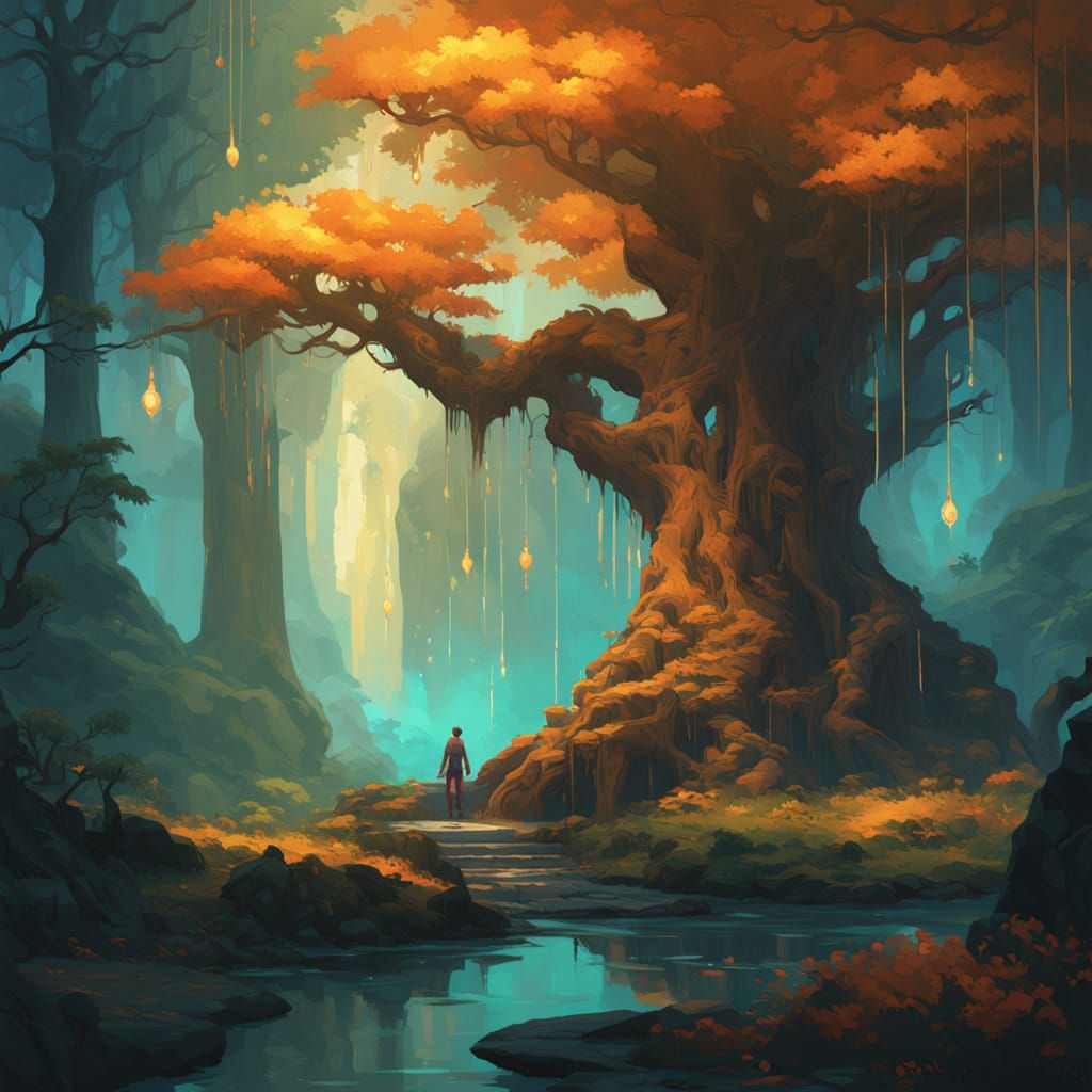 Ancient Enchanted Forest Tree With Glowing Fungi and Ruins
