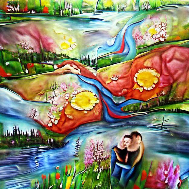 Landscape Painting of Two People Embracing
