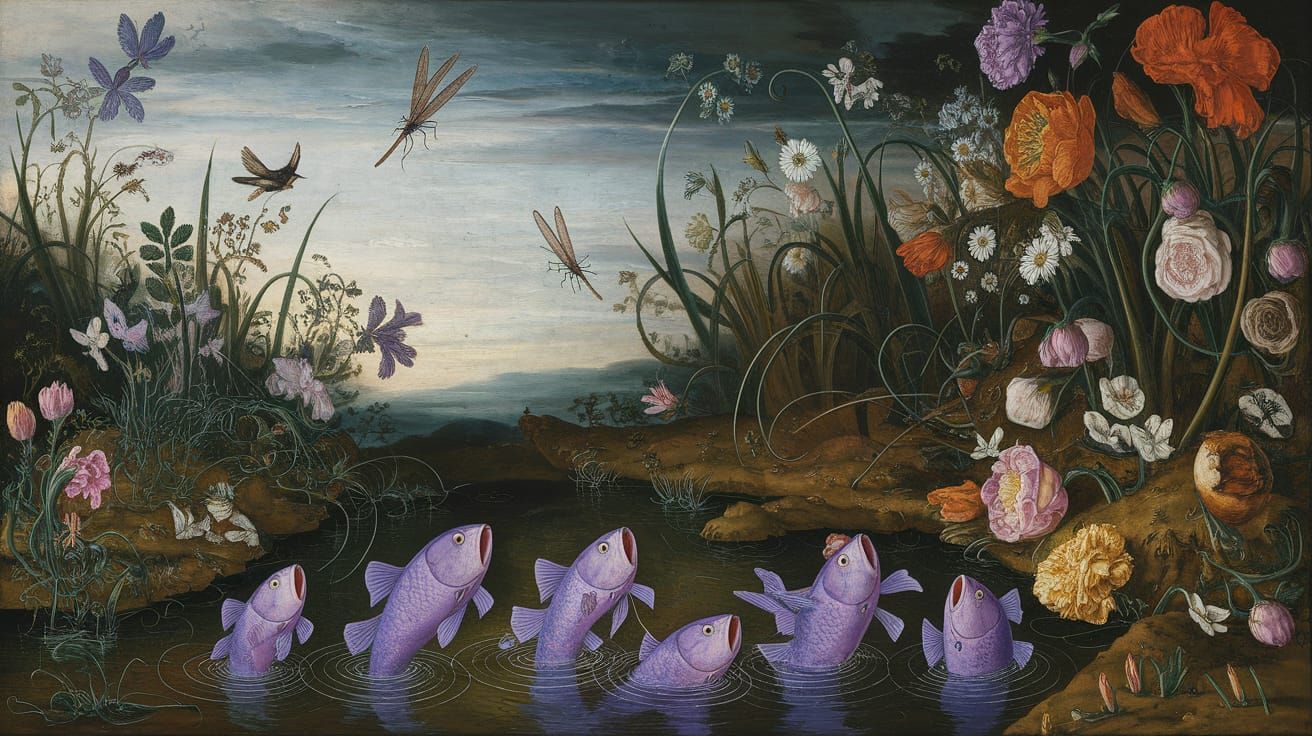 Surreal Purple Fish Choir: Oil Painting in Renaissance Style