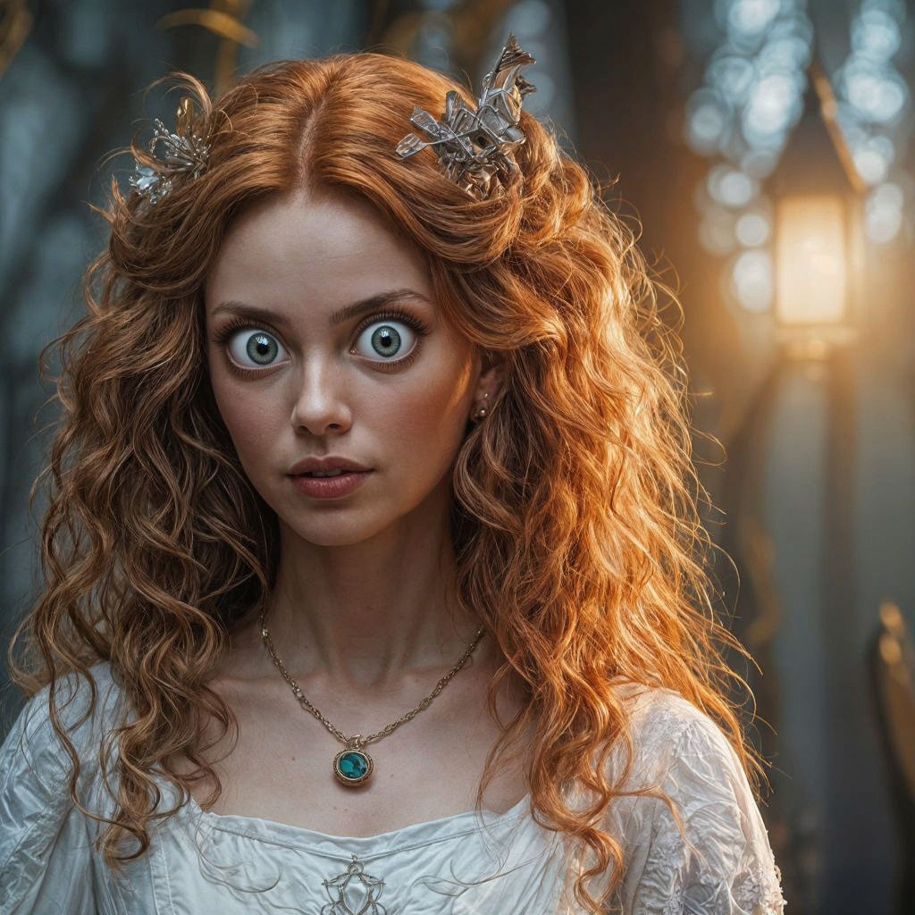 Red-Haired Witch in Fantasy Landscape, Cinematic Portrait