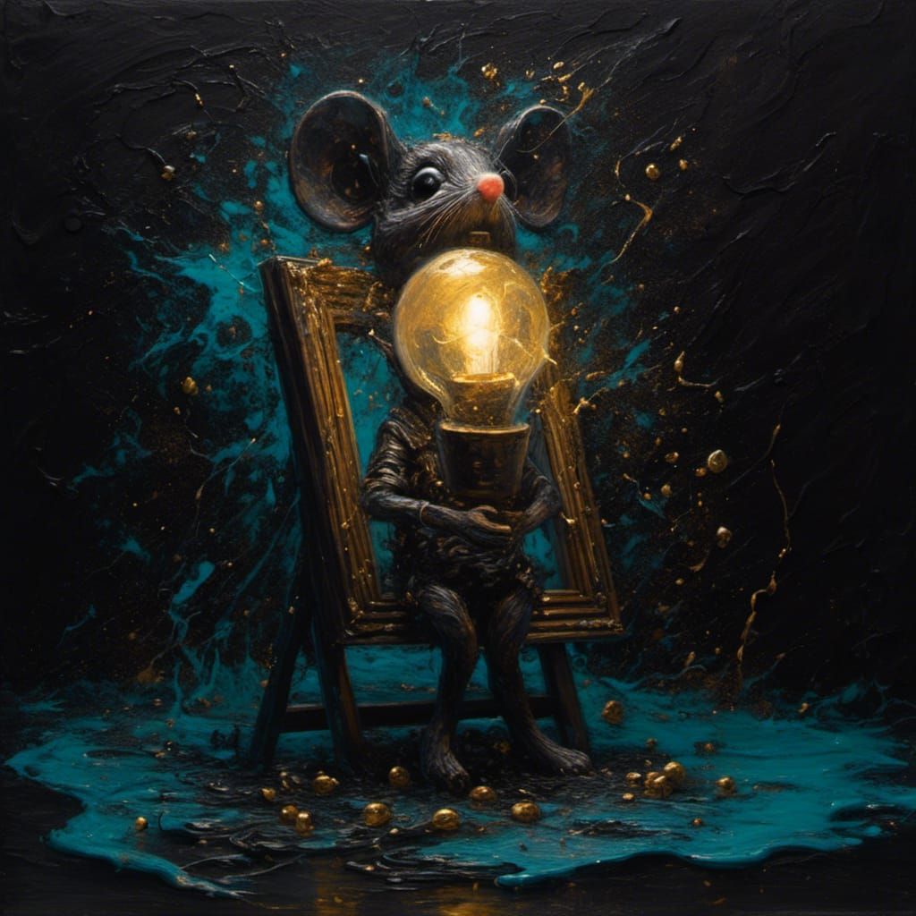 Aqua Chibi Mouse Painting with Golden Highlights