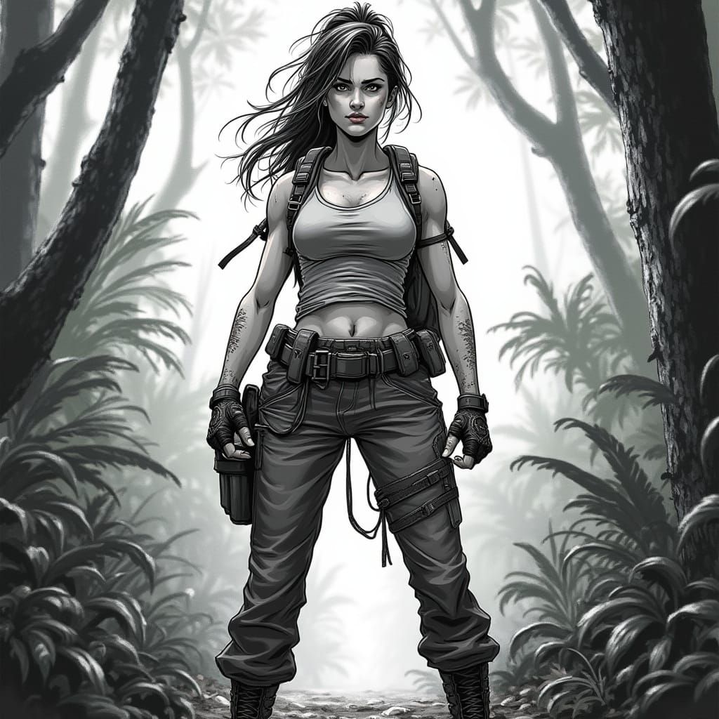 Strong Female Adventurer in Jungle Landscape, Inspired by Ma...