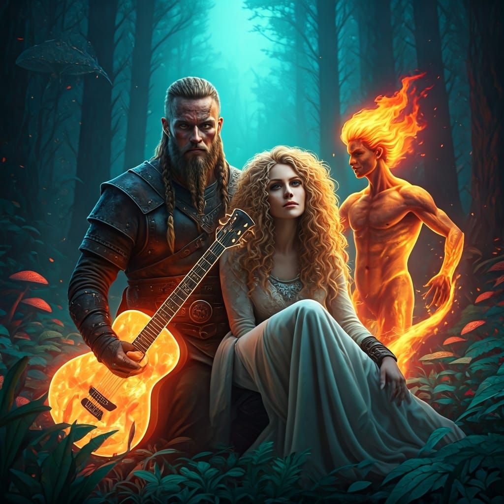 Viking Warrior in Glowing Forest, Roger Dean Style