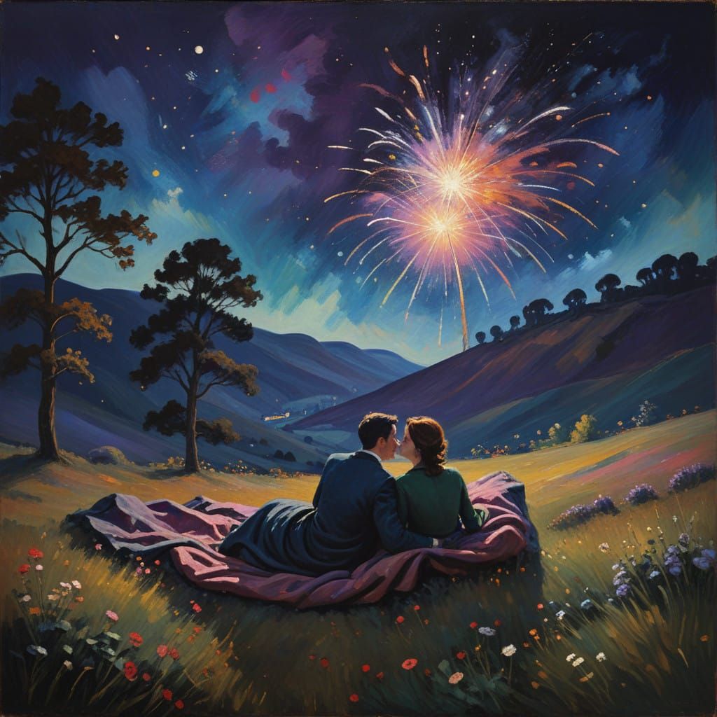 Whimsical New Year's Night Sky Celebration in Vibrant Colors