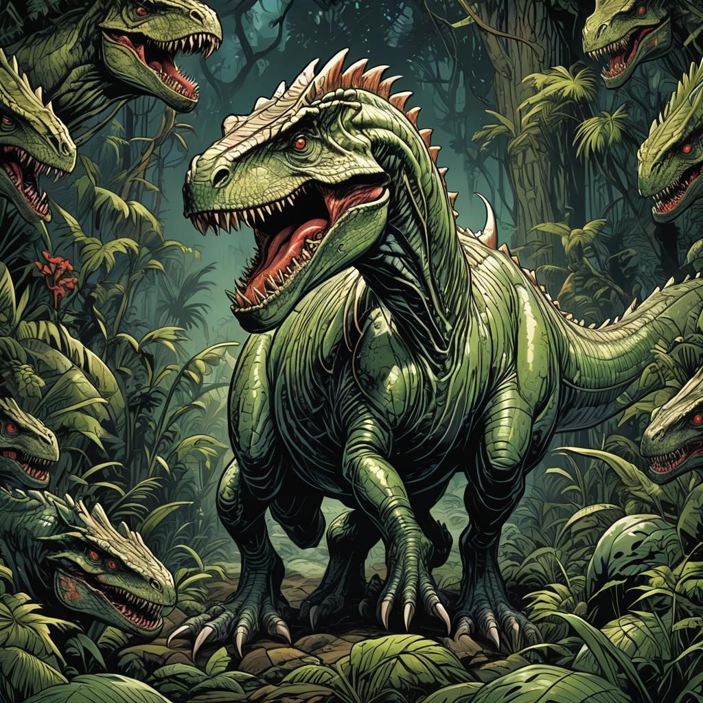 Dino in Jungle: Comic Book Art Style