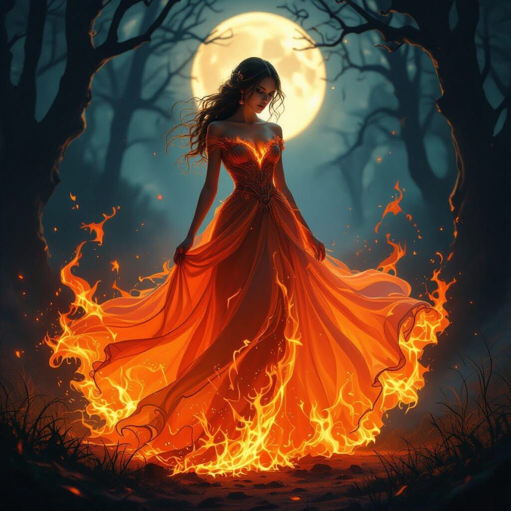 Woman in Fiery Gown in Magical Forest