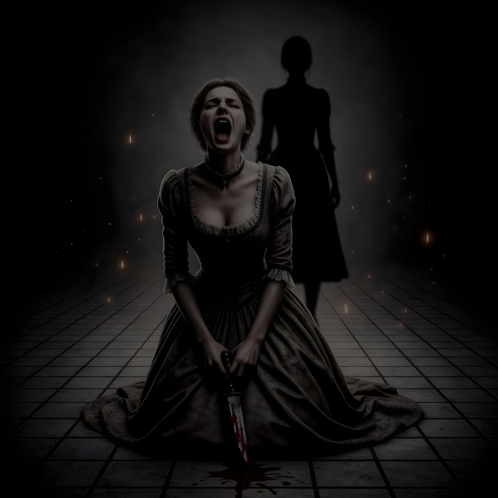 Ethereal Victorian Woman with Bloody Knife in Horror Scene