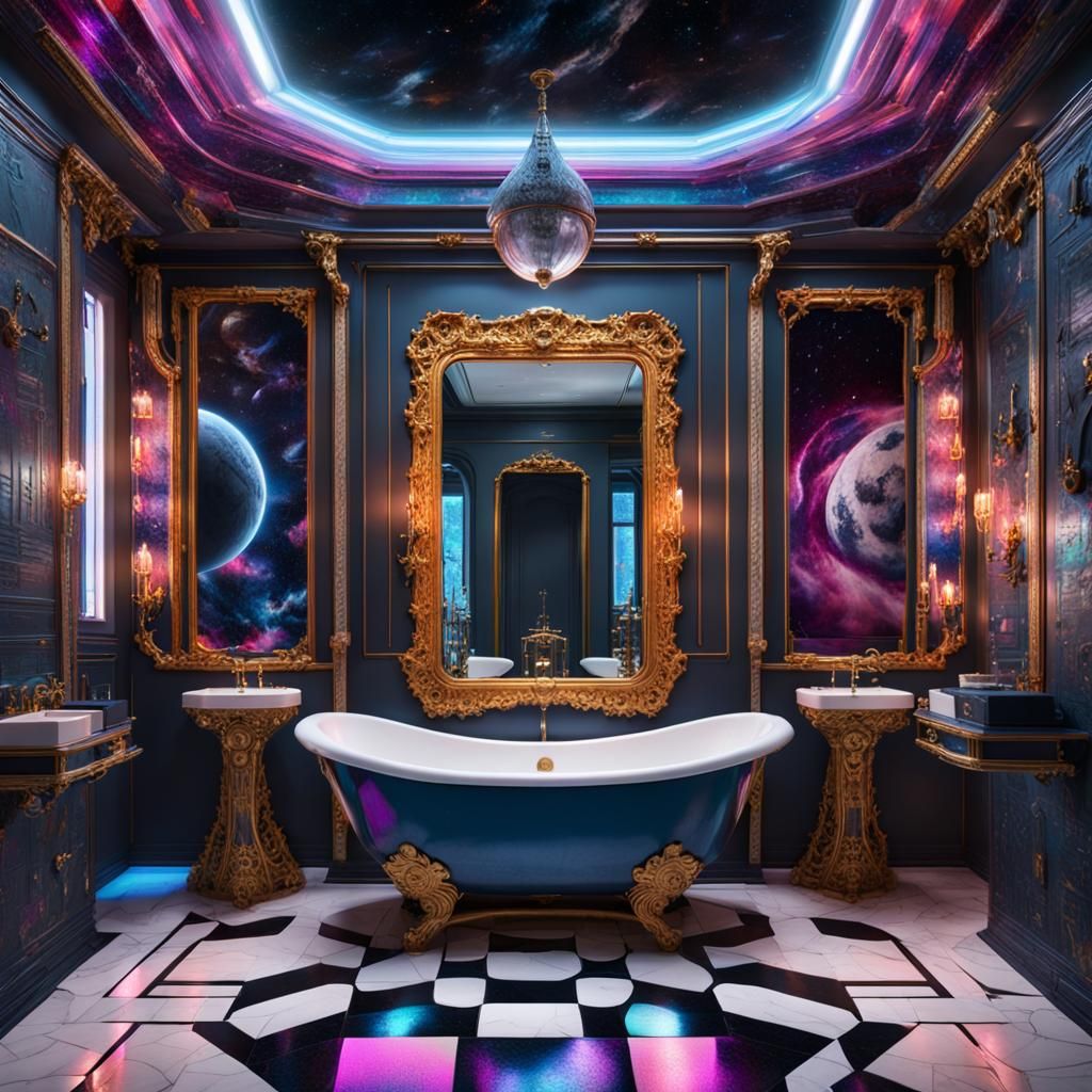 gothic bathroom in a Spaceship on the moon