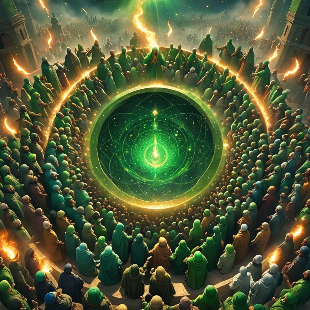 لا إله إلا الله محمد رسول الله Sufi meditation circle people chanting in green turbans sacred vortex sparkling energy co...