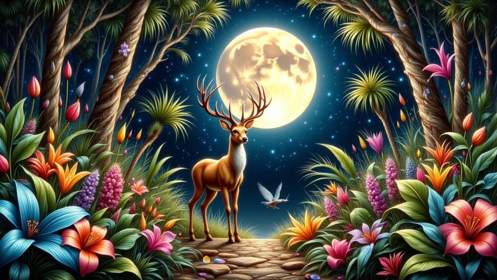 Magical Forest Scene with Deer Under Full Moon