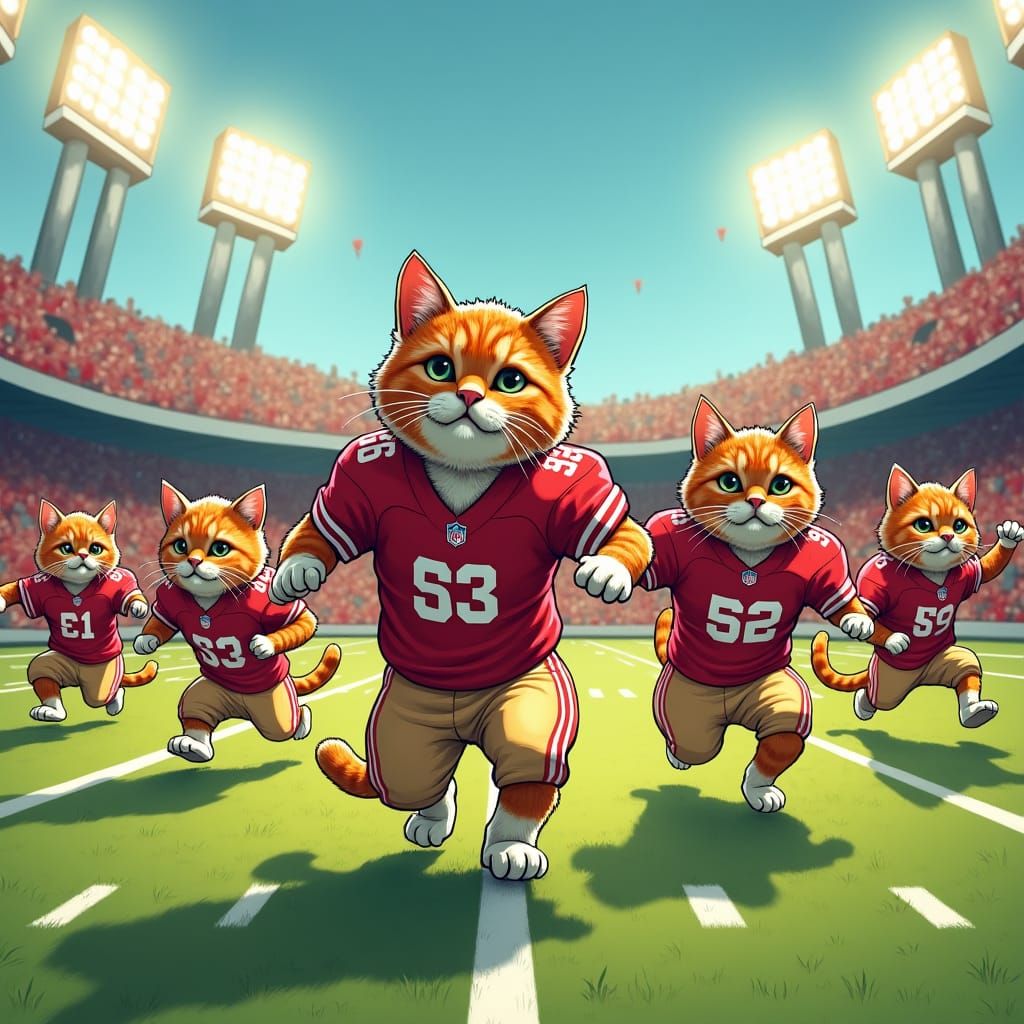 Cats Play Football in Stadium, Illustrated Style
