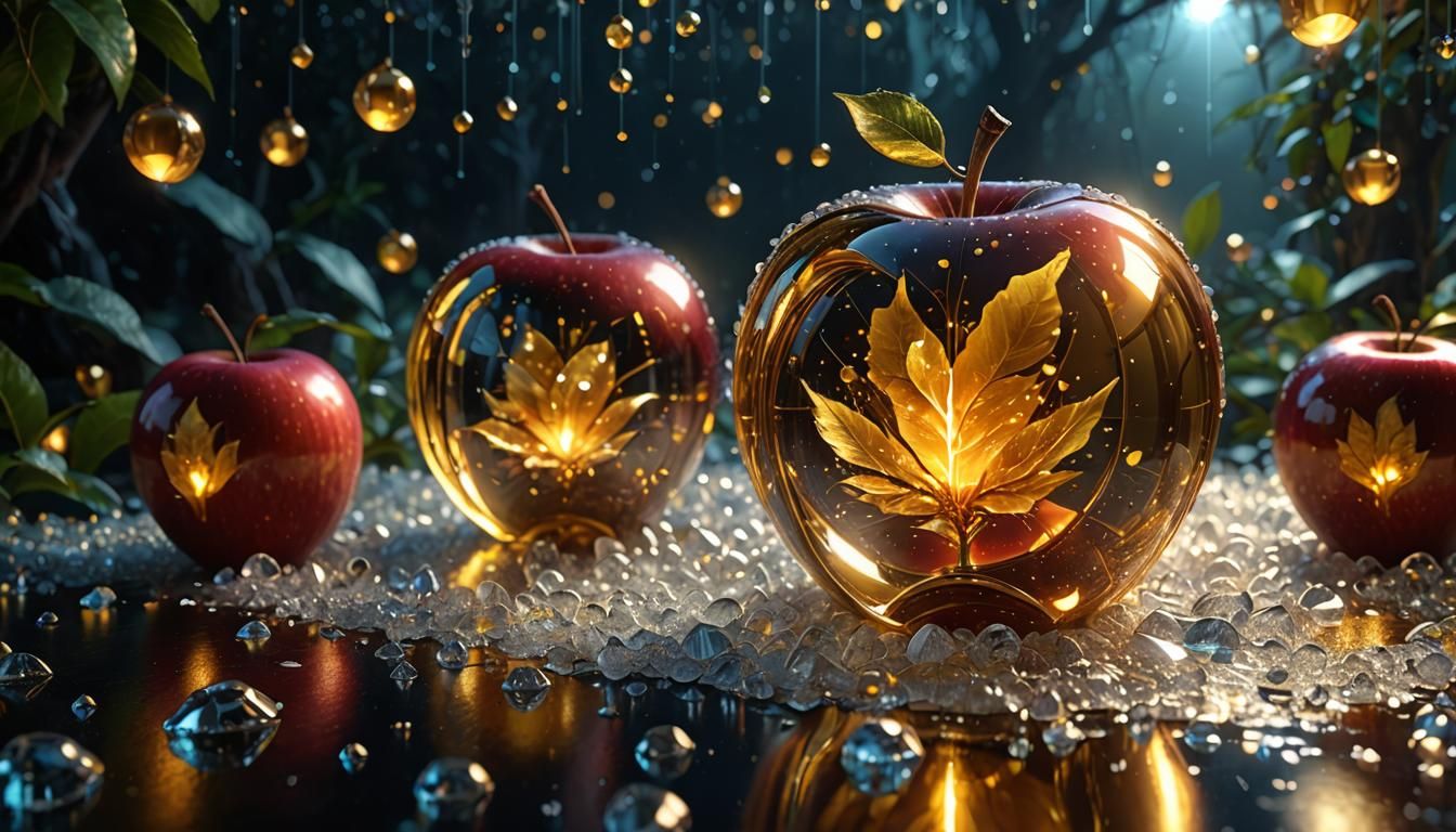 Golden Crystalline Apple with Firefly Lights