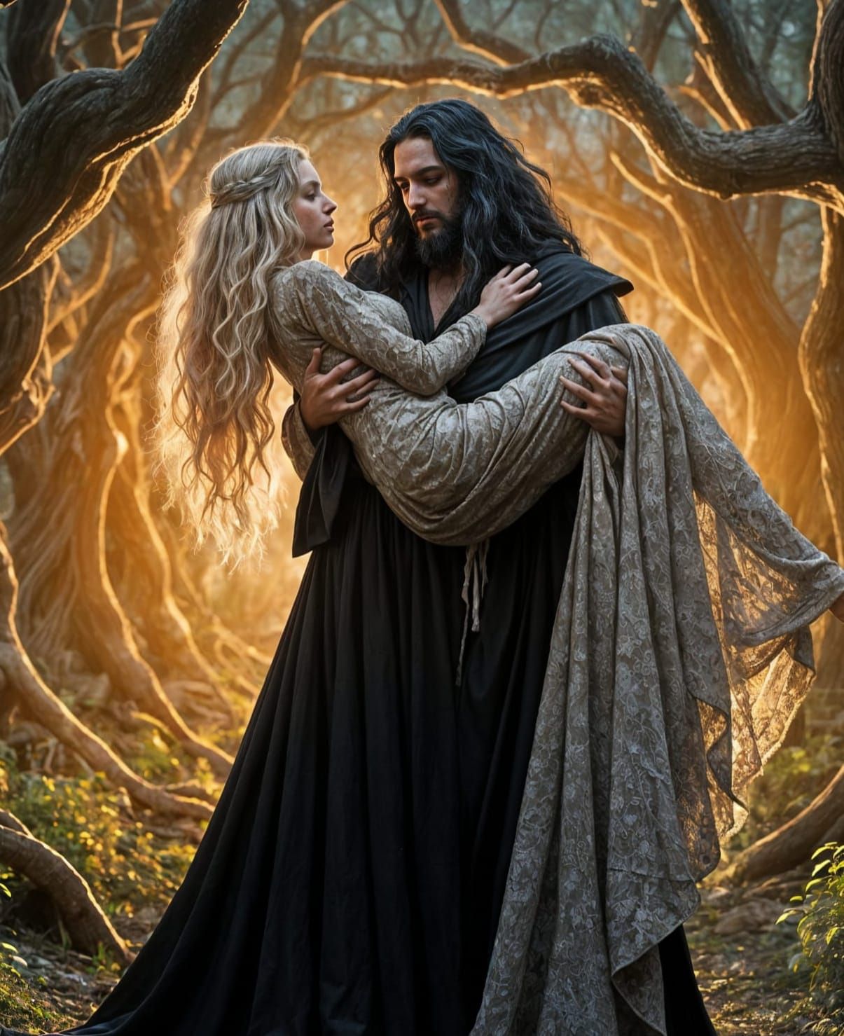 Dark Sorcerer Cradles Blonde Woman in Ethereal Forest Glow