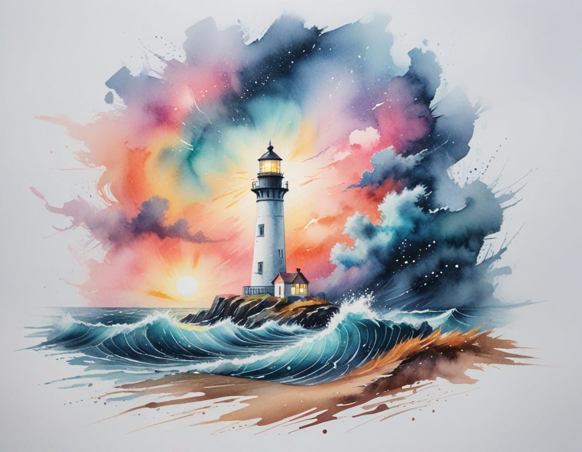 Winter Lighthouse Storm in Pastel Watercolour Style