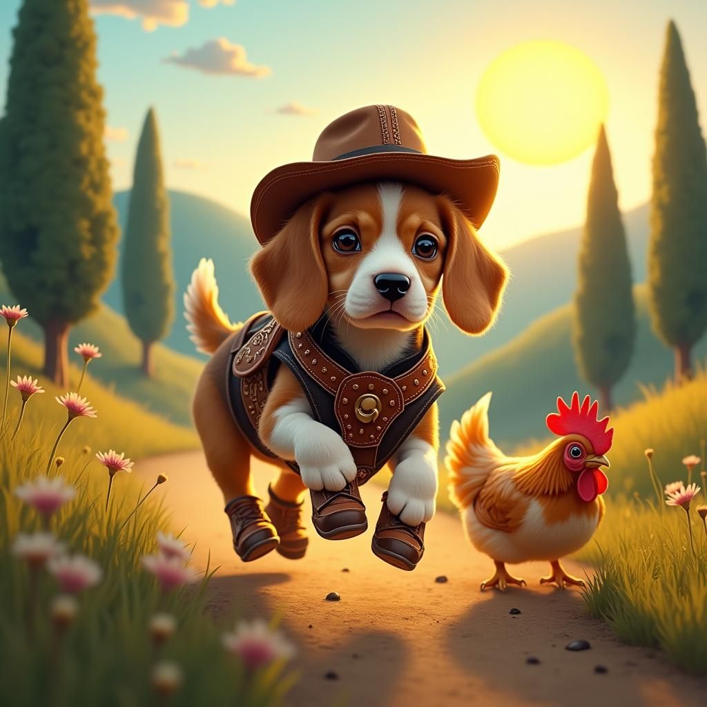 Beagle Puppy Cowboy Chasing Chicken in Sun-Drenched Countrys...