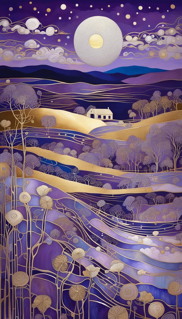 Magical southern night, shiny silver on purple , mother - of...