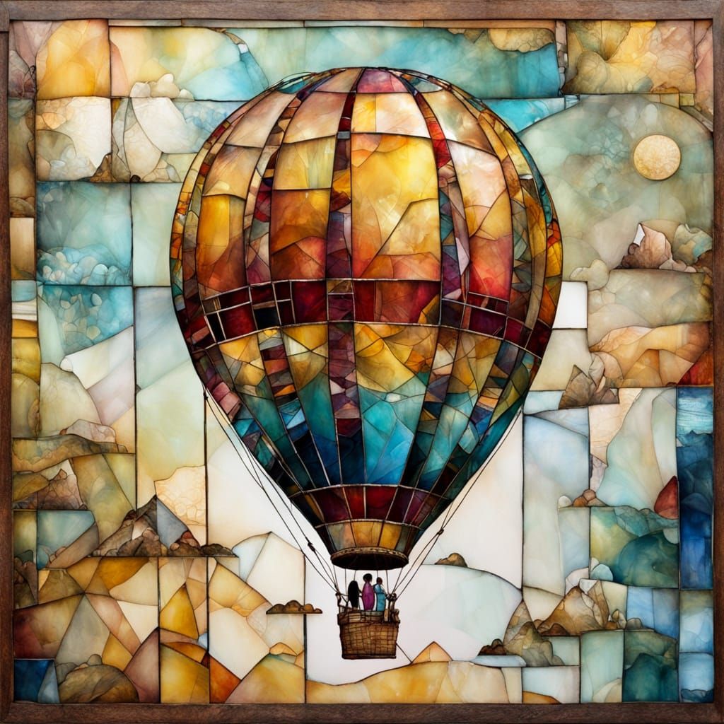 Hot Air balloon. Alcohol ink. Cubism. Stained glass, Mixed media