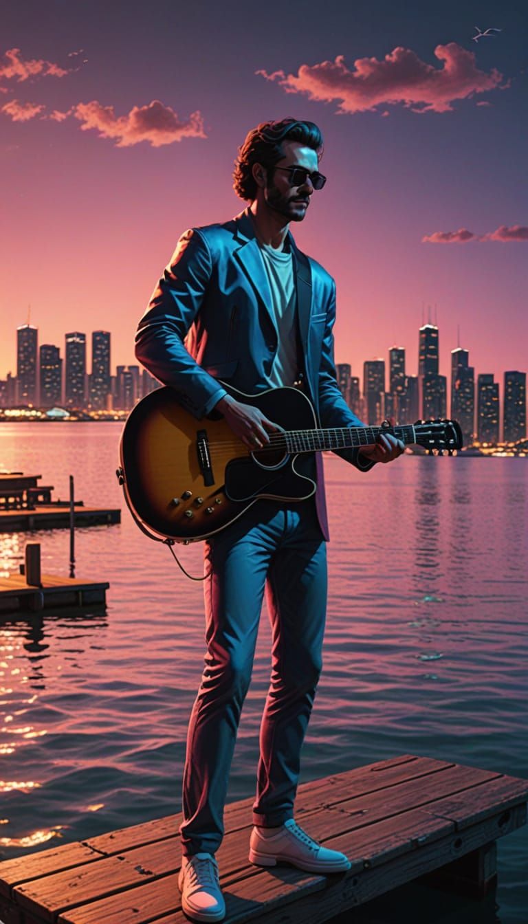 Guitarist Relaxes by Bay in Retro-Futuristic Style
