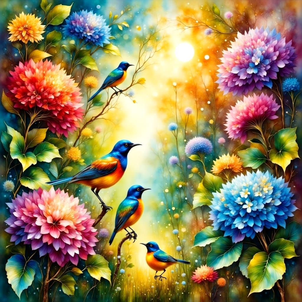 Vibrant Floral Wonderland with Fairy Wrens and Hydrangeas