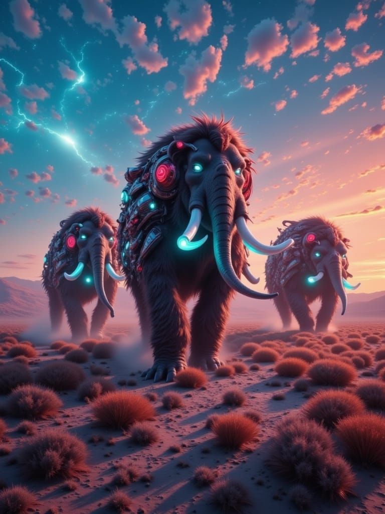 Mammoths in Exosuits as Impressionist Painting