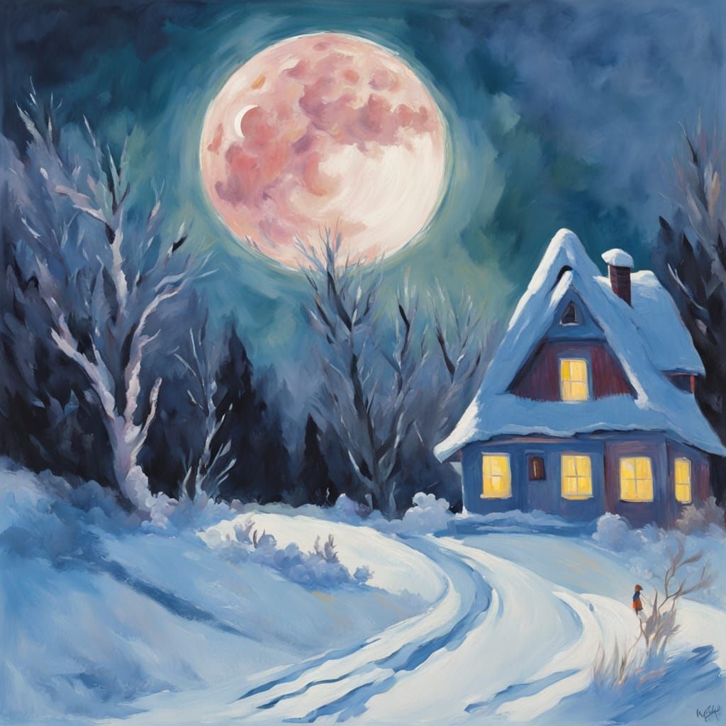 Ethereal Winter Cottage Under Luminous Moon