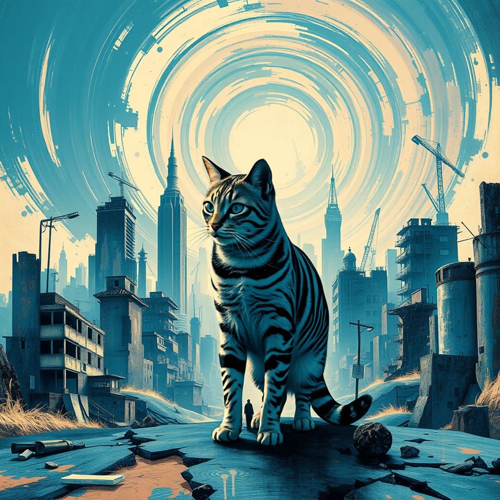 Cat in Cyberpunk Dreamscape with Distorted Cityscapes