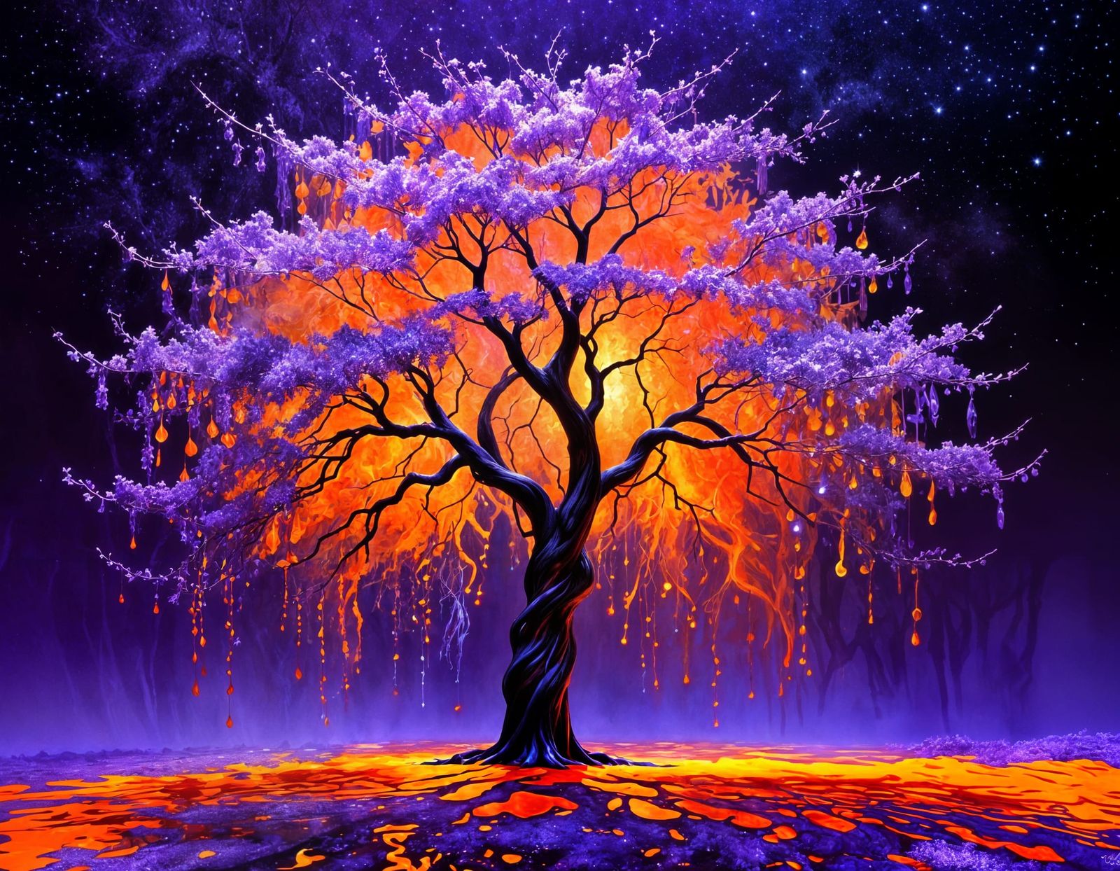 Whimsical Bioluminescent Willow in Rich Purple and Orange