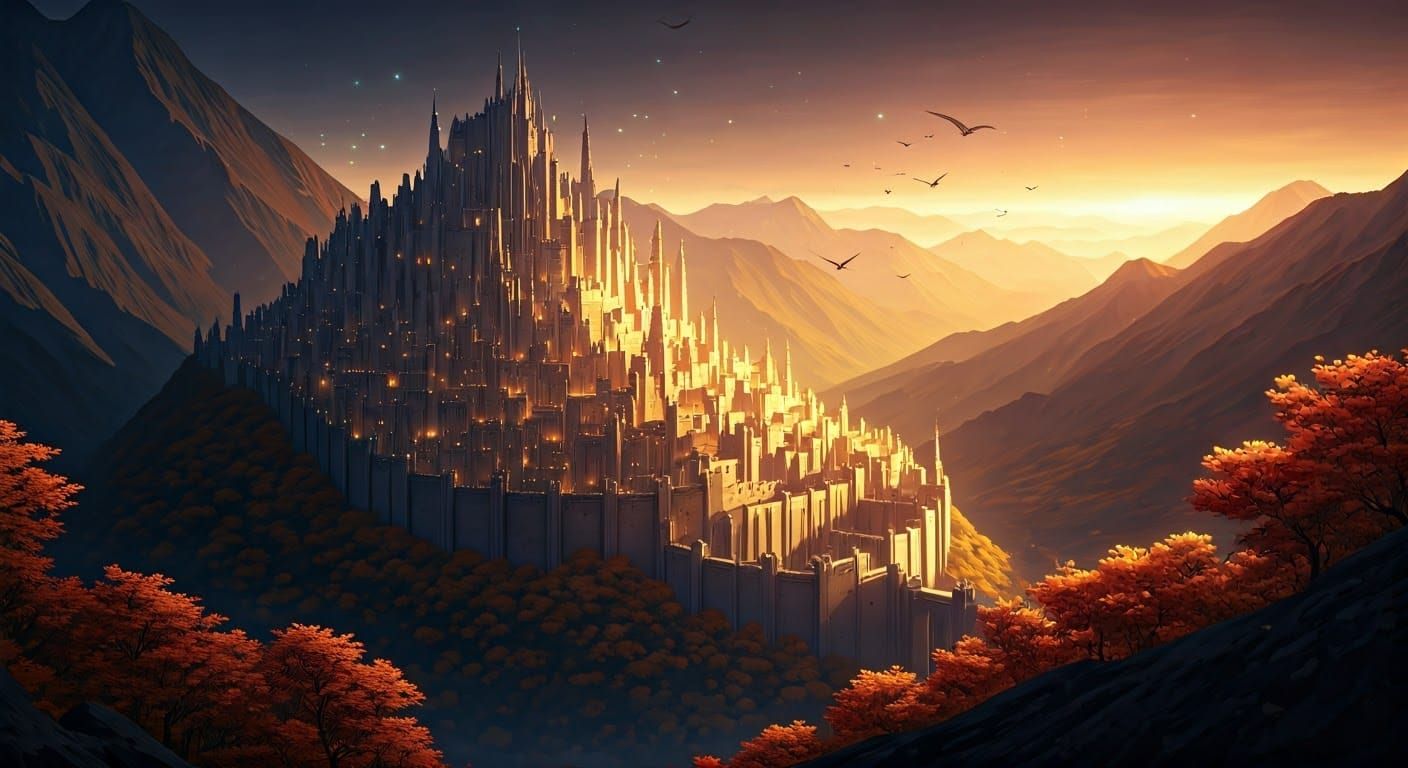 minas Tirith glowing mountain+city in harvest season; magical anime dot particles; groups of wyverns flying in the dista...