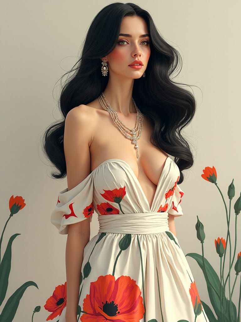 Art Deco Woman in Cubist Poppy Dress