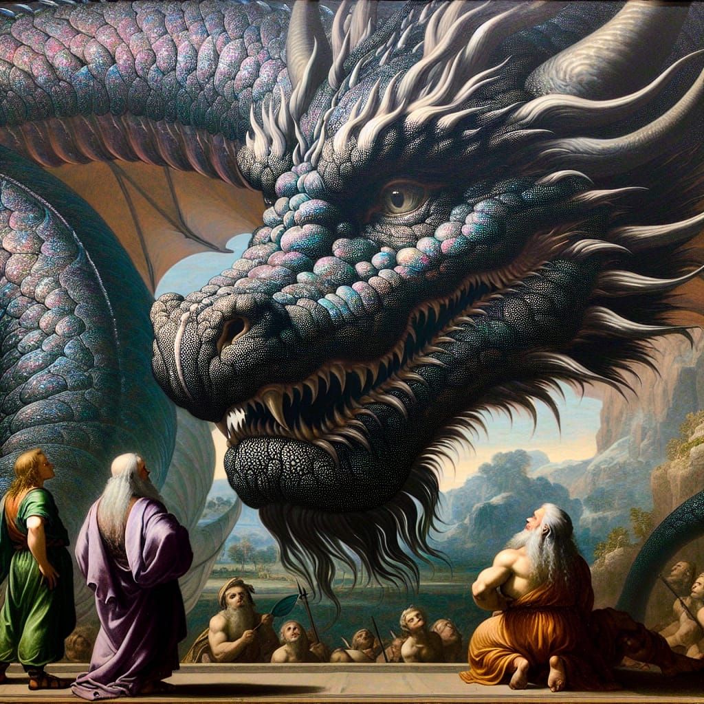 Majestic Dragon with Dwarves in Neoclassical Style