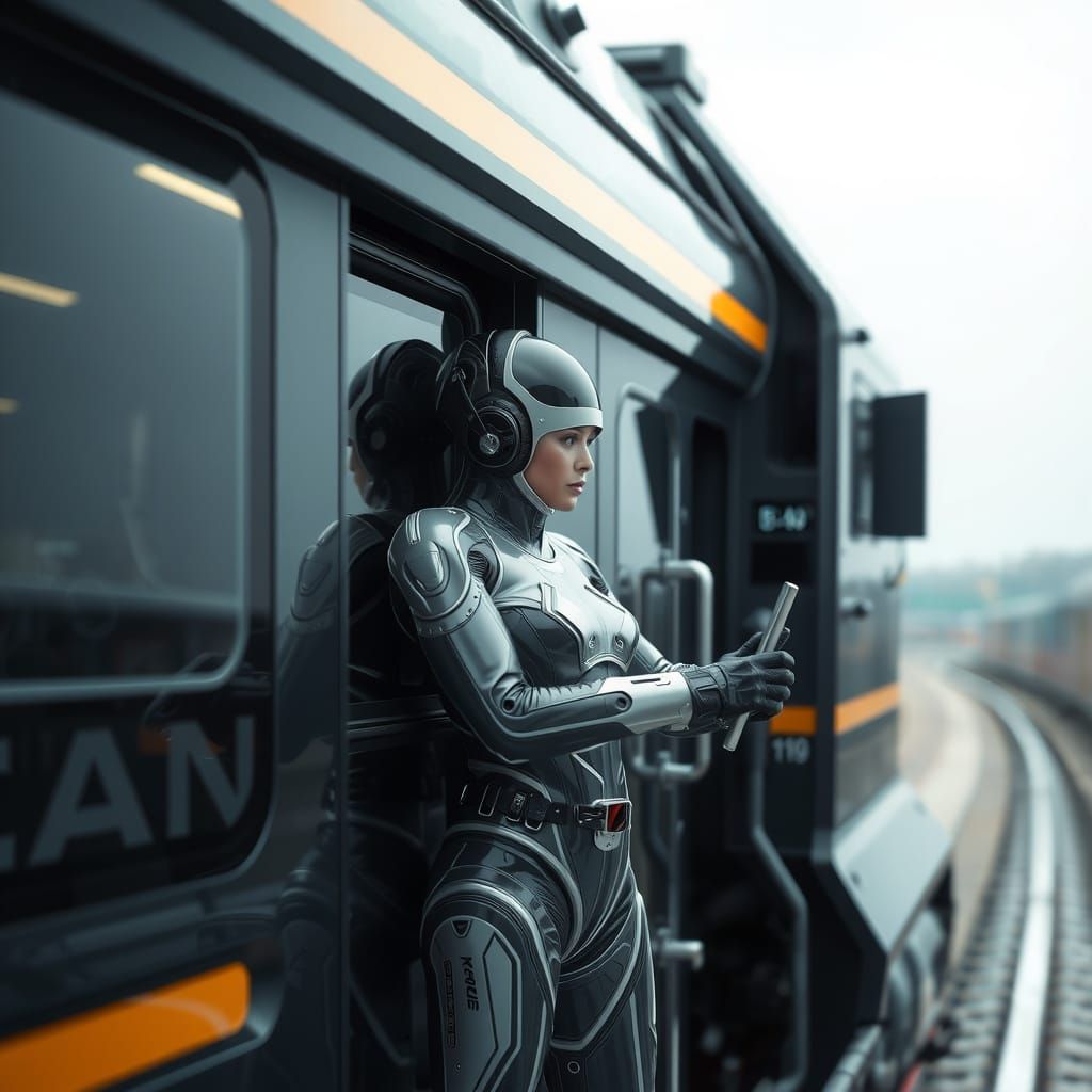 Futuristic Locomotive Engineer in Transparent Suit