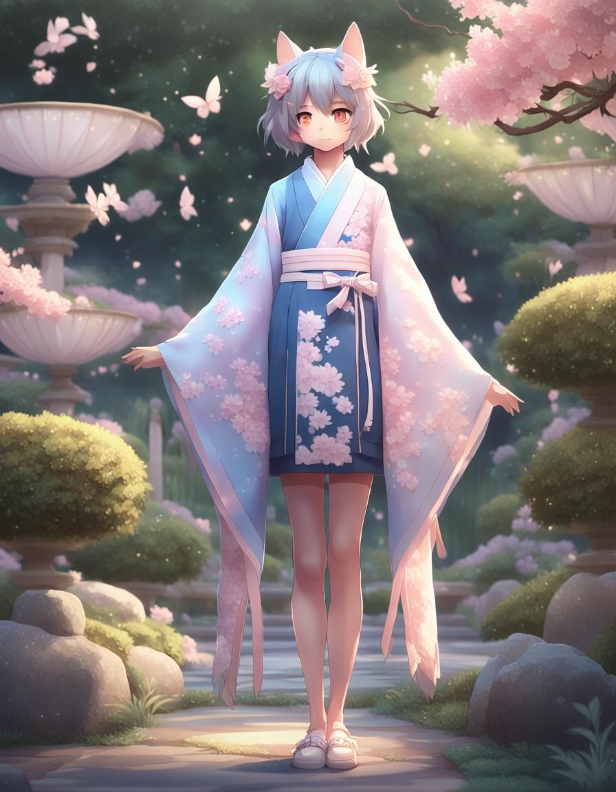 Anime Catgirl in Japanese Garden Concept Art