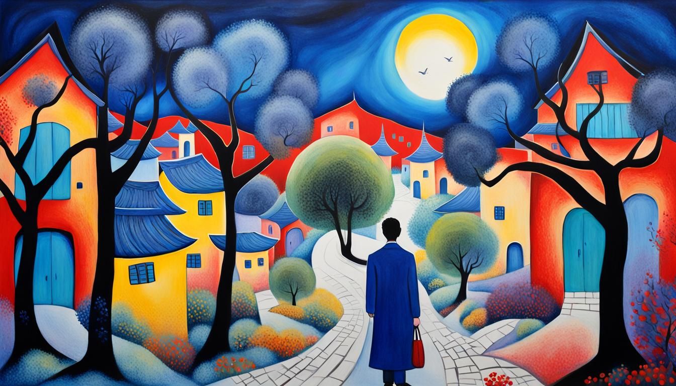 Surreal Asian Village Dreamscape in Chagall Style