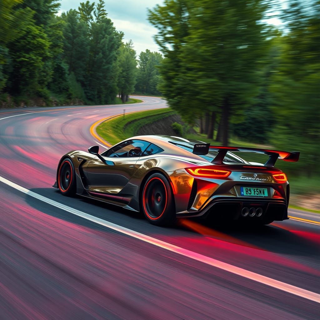 Futuristic Sports Car Speeding Down Asphalt Road