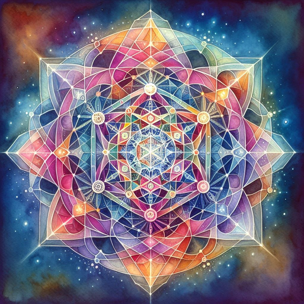 Watercolor Mandala Inspired by Metatron's Cube