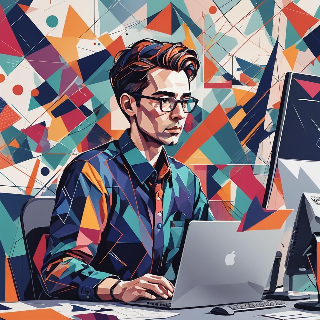 Worker at Computer in Modern Clipart Style