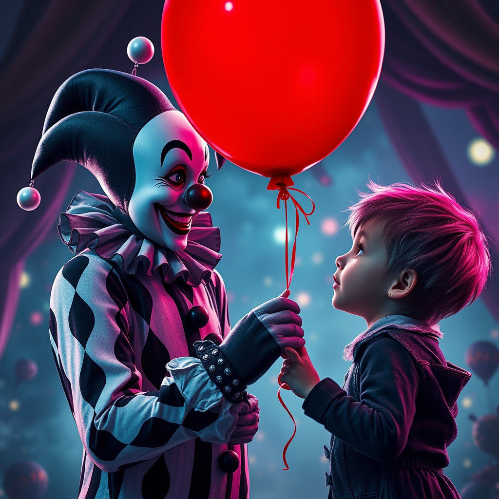 Clown Giving Balloon to Child in Fantasy Art Style