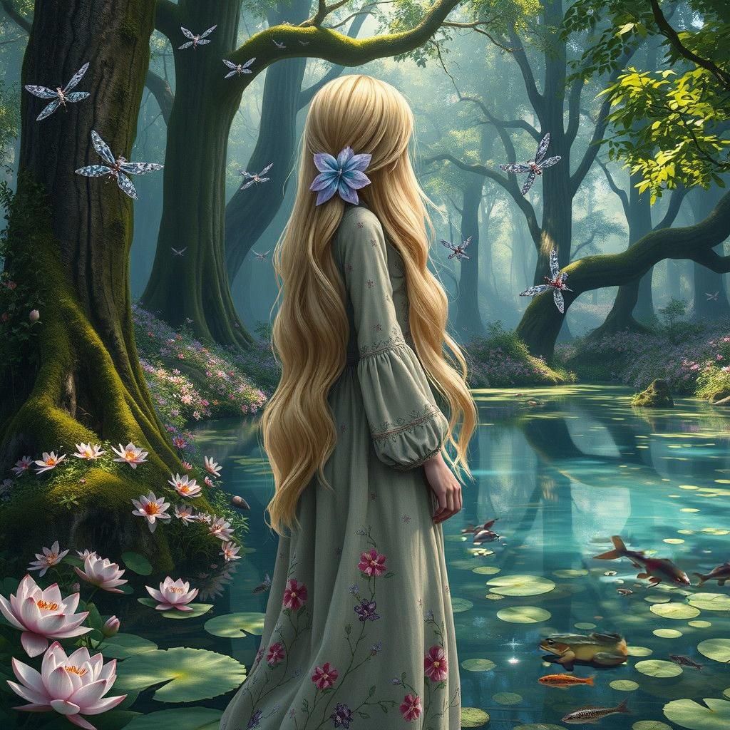 Enchanted Forest Scene with Girl and Dragonflies