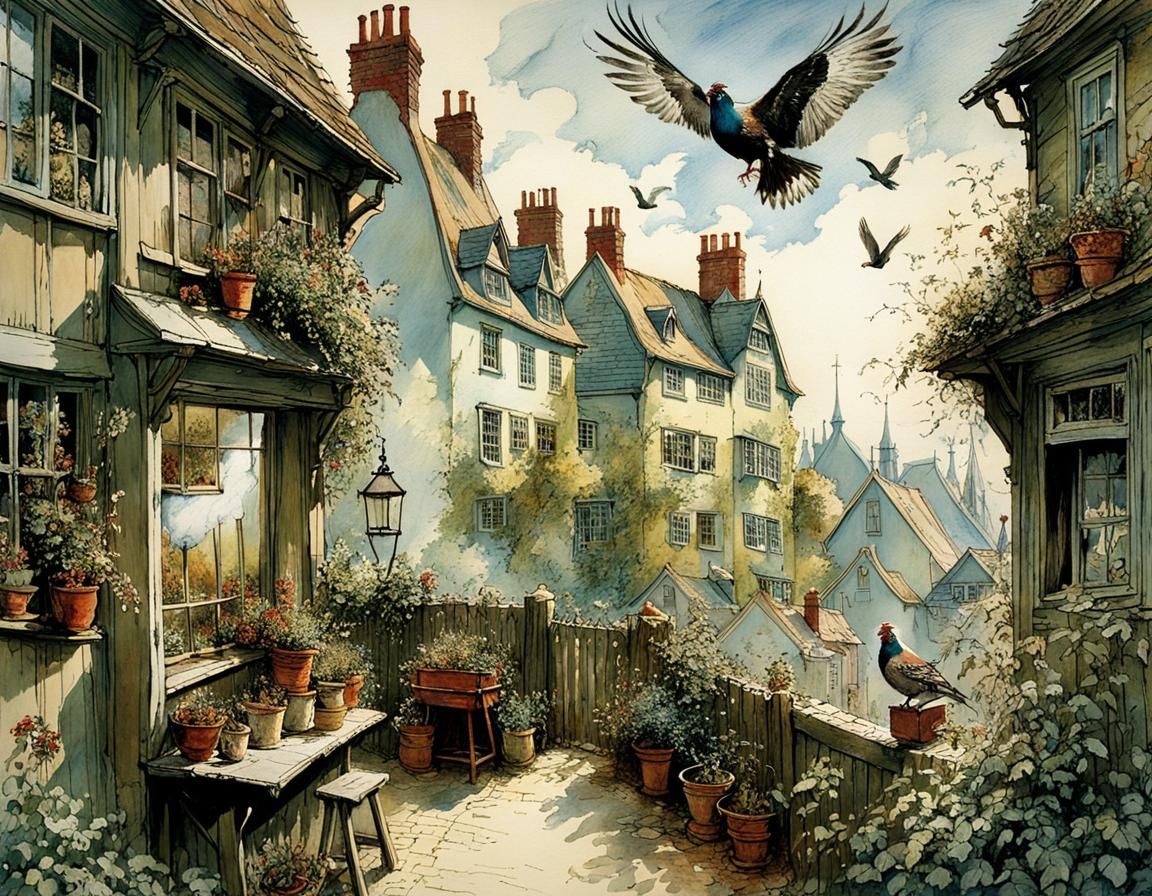 Charming Townscape with Pigeons in Arthur Rackham Style