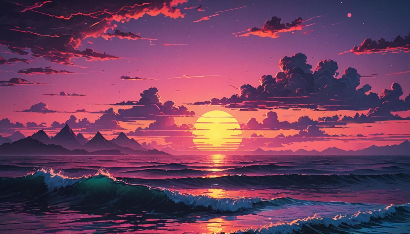 Electric Dawn Breaks Over the Ocean in Vibrant Synthwave Sty...