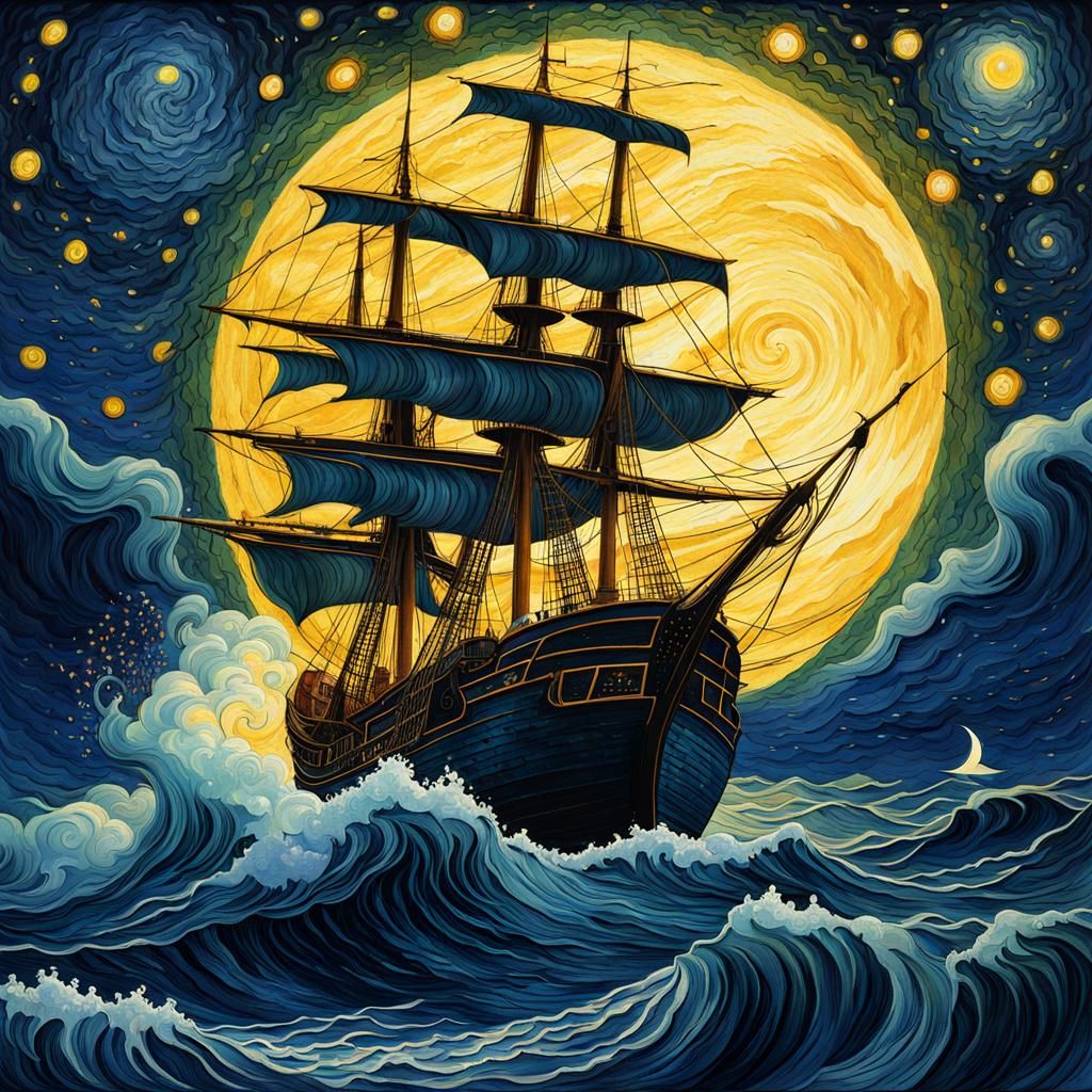 Gothic Ship on Starry Sea: Van Gogh Style