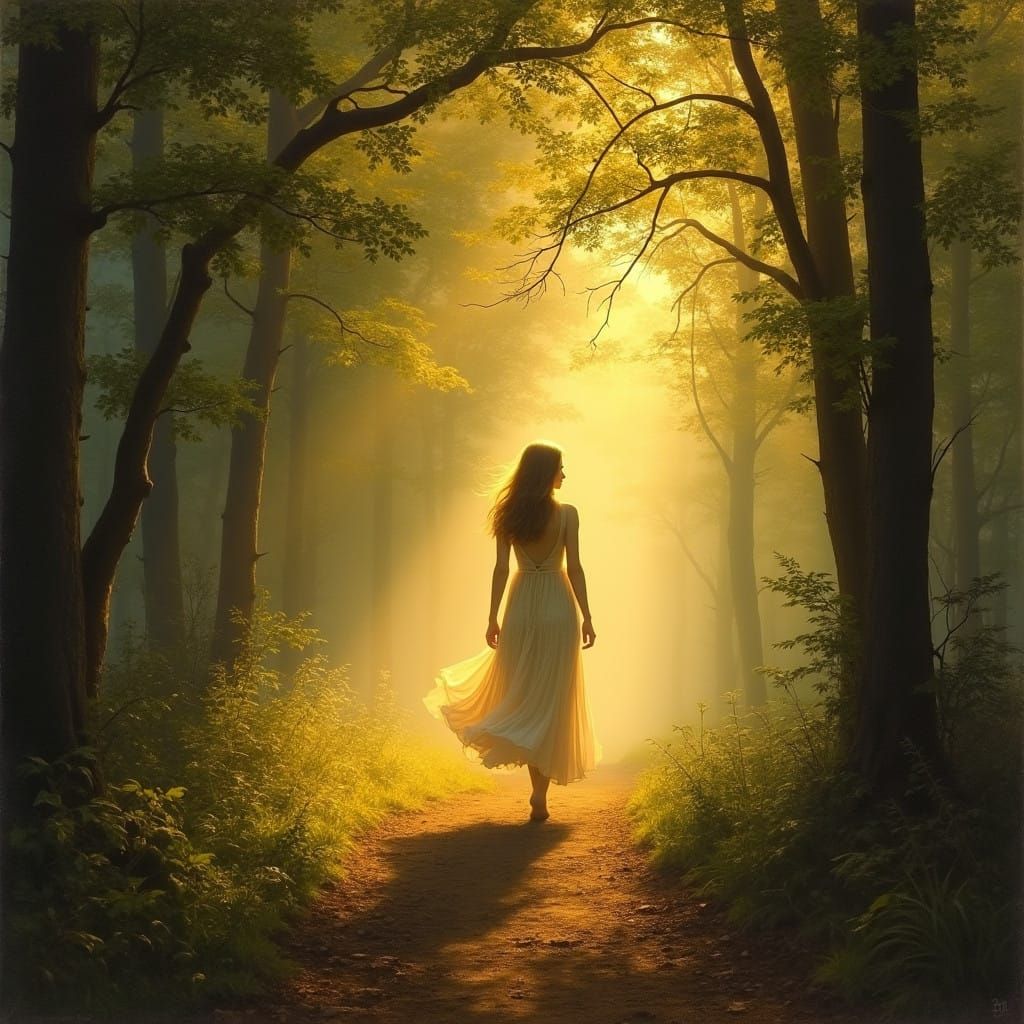 Serene Woman in Golden Wood at Twilight