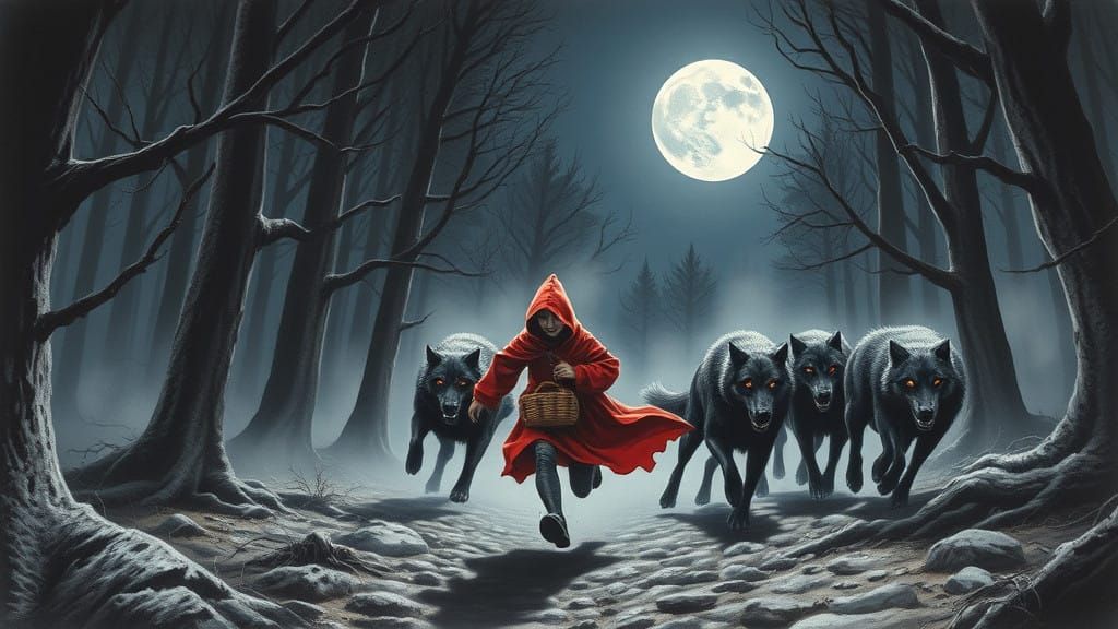 Frantic Red Riding Hood Chases Through Dark Forest Under Ful...