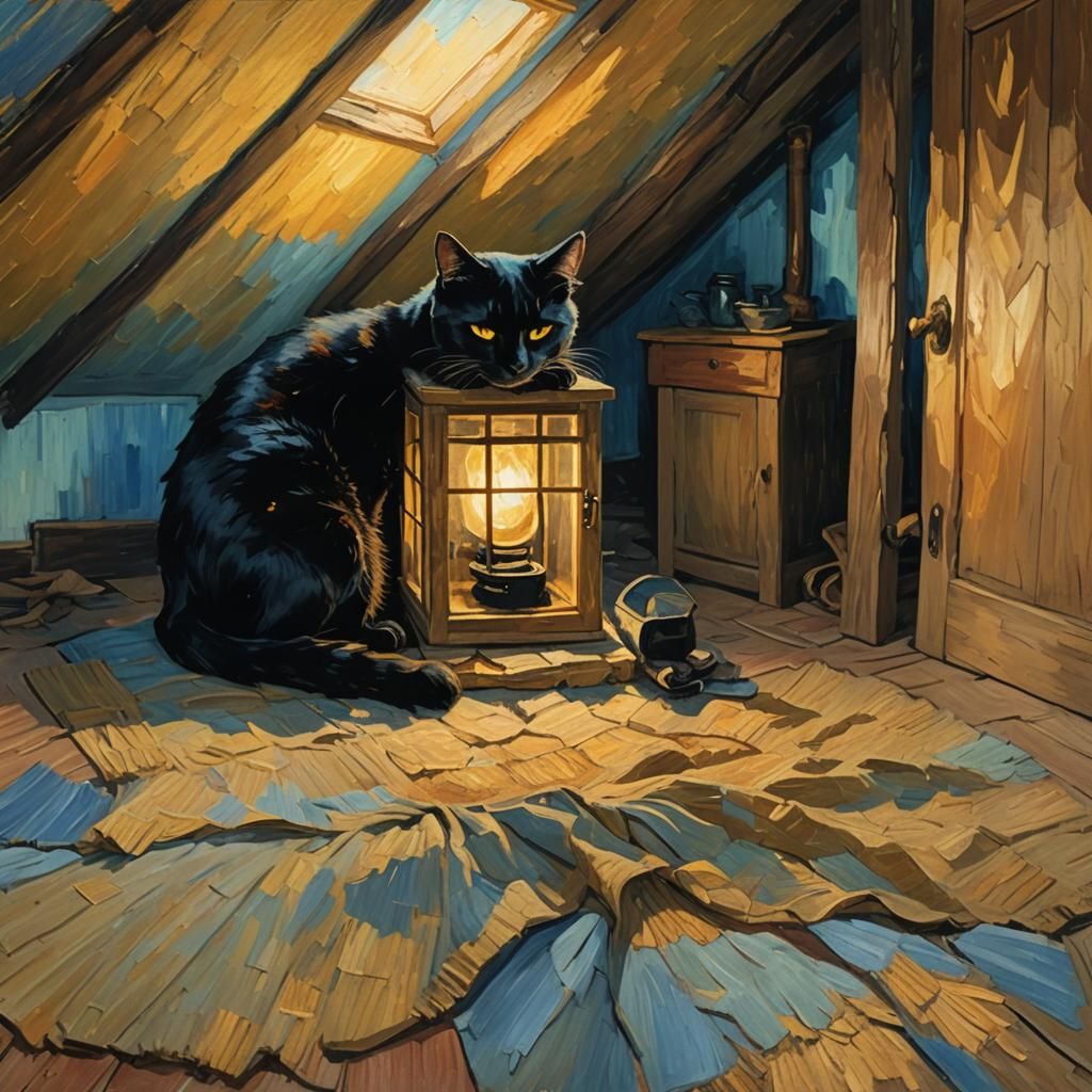 Black Cat Sleeping in Attic: Impressionist Style