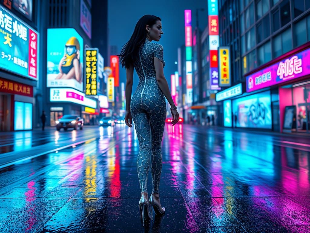 Cyberpunk Goddess Strides Tokyo Runway in Radiant, Biolumine...