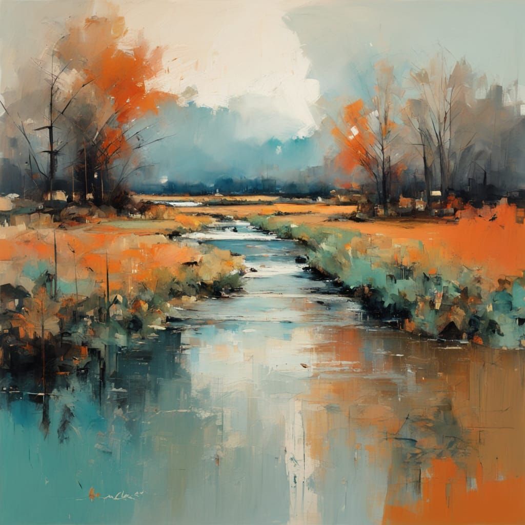 Vibrant River Landscape in a Mosaic of Expressionist Styles